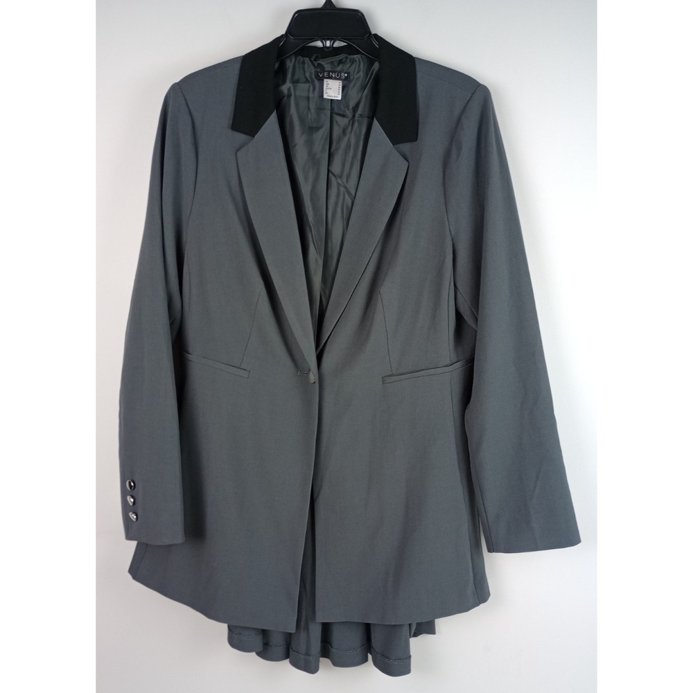 Venus Womens 16 Gray High Low Black Lapel Peplum Back Blazer Suit Jacket
